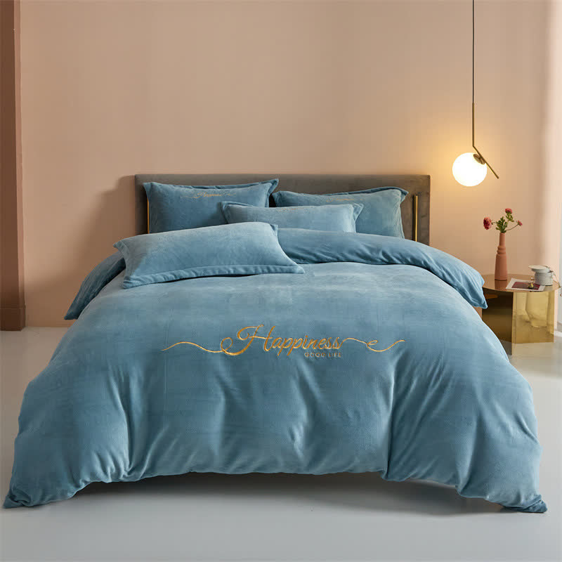 Ensemble de literie porte-bonheur en peluche brodée (4 pièces) - Vert clair - 220 cm x 240 cm - image 9