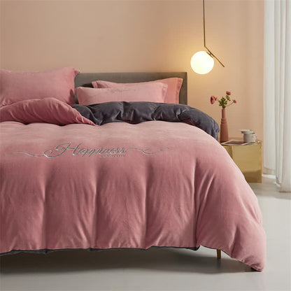 Ensemble de literie porte-bonheur en peluche brodée (4 pièces) - Rose foncé et gris - 220 cm x 240 cm - image 20