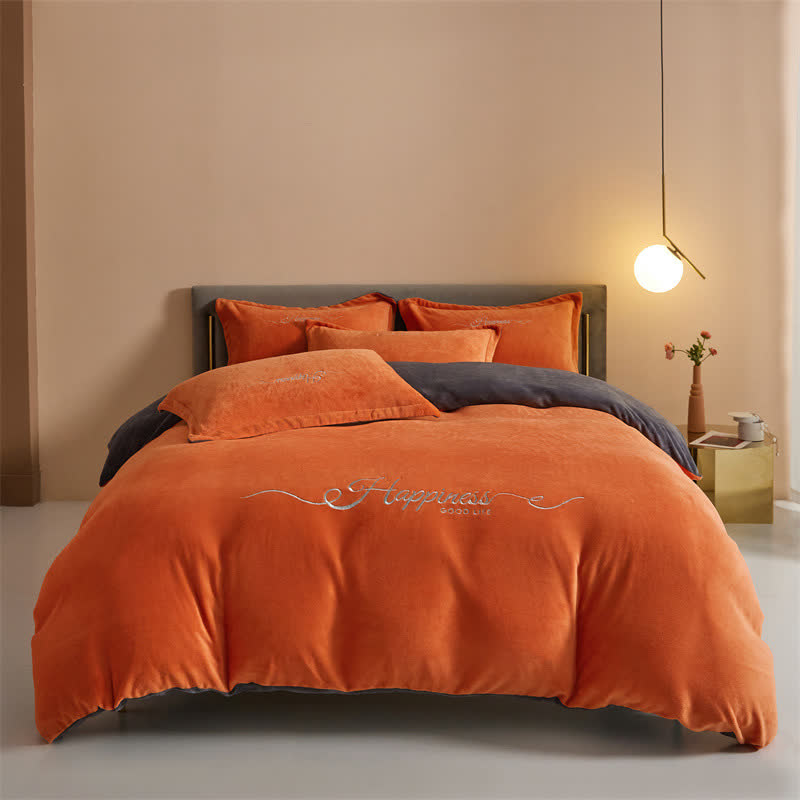 Ensemble de literie porte-bonheur en peluche brodée (4 pièces) - Orange - 220 cm x 240 cm - image 0