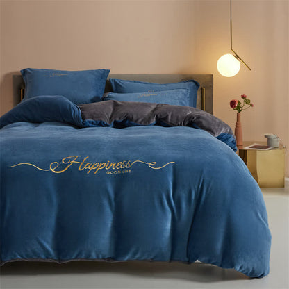 Ensemble de literie porte-bonheur en peluche brodée (4 pièces) - Bleu et gris - 220 cm x 240 cm - image 15