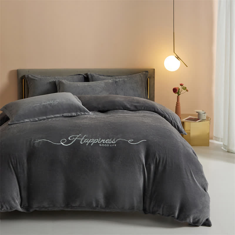 Ensemble de literie porte-bonheur en peluche brodée (4 pièces) - Gris foncé - 220 cm x 240 cm - image 13
