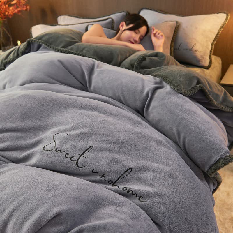 Ensemble de literie en peluche imprimée Sweet Home (4 pièces) - Gris-bleu - 220 cm x 240 cm - image 10