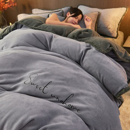 Ensemble de literie en peluche imprimée Sweet Home (4 pièces) - Gris-bleu - 220 cm x 240 cm - image 10