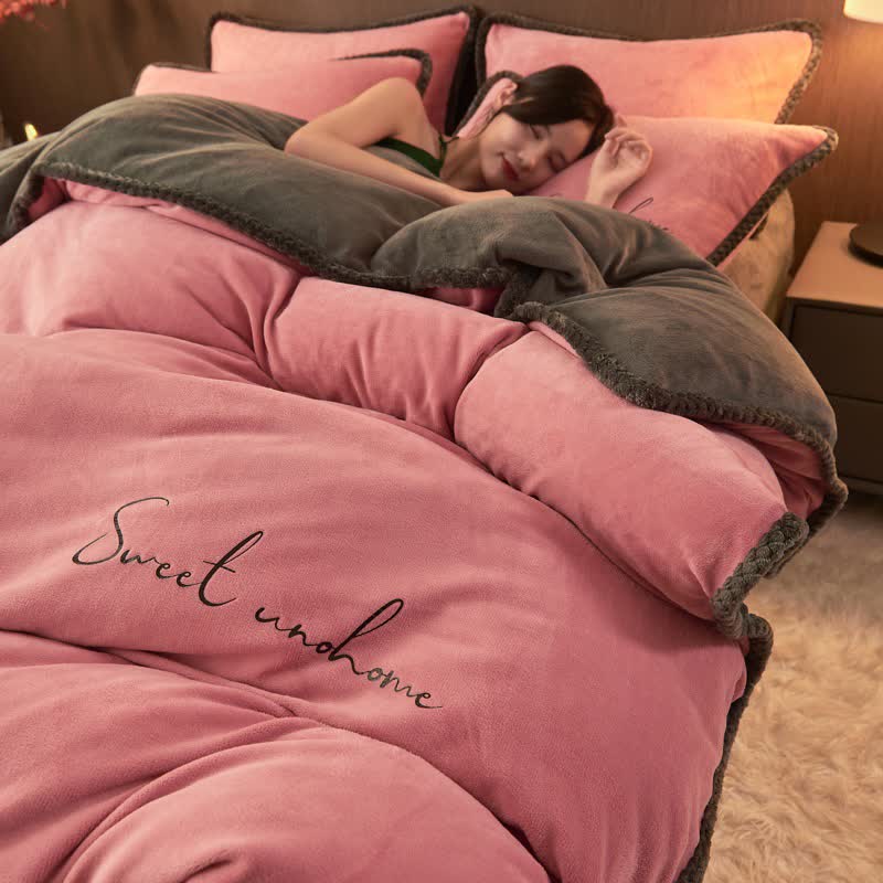 Ensemble de literie en peluche imprimée Sweet Home (4 pièces) - Rose - 220 cm x 240 cm - image 0