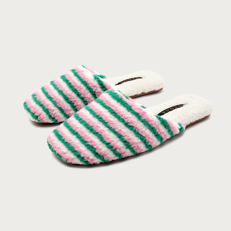 Pantoufles rayées, duveteuses et chaudes - Vert et rose - L - image 6