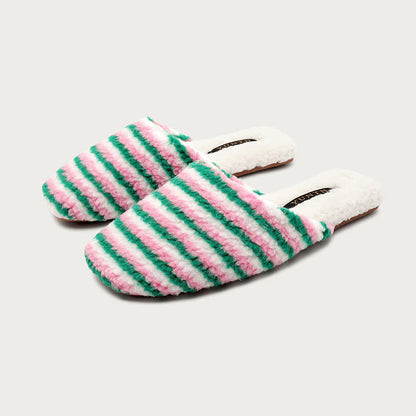 Pantoufles rayées, duveteuses et chaudes - Vert et rose - L - image 6