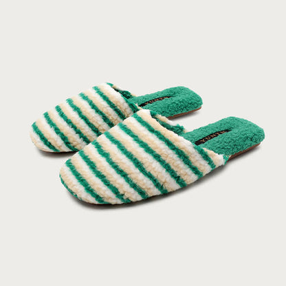 Pantoufles rayées, duveteuses et chaudes - Vert - L - image 5