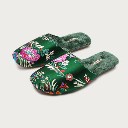 Pantoufles rétro en peluche à broderies florales - Vert - L - image 3