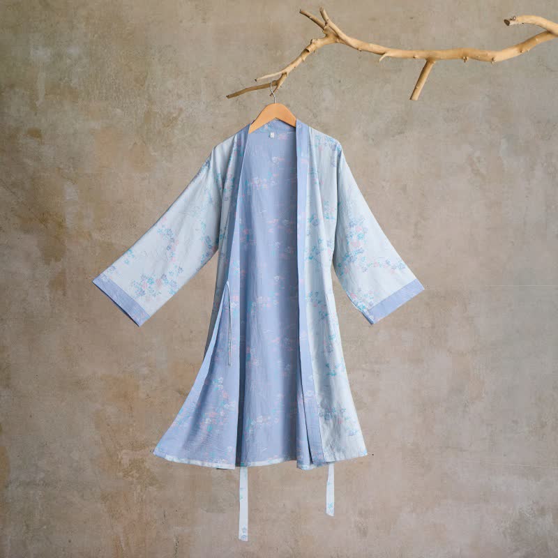 Peignoir élégant de style kimono en gaze de coton à motif de fleurs de prunier - bleu clair - L - image 6