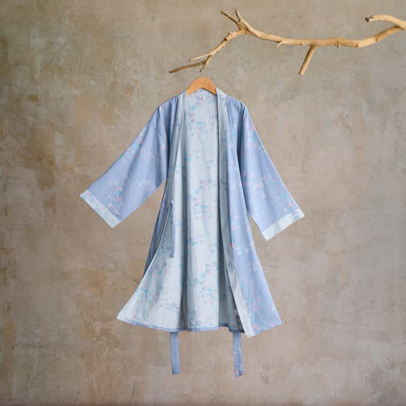Peignoir élégant de style kimono en gaze de coton à motif de fleurs de prunier - Bleu - L - image 0