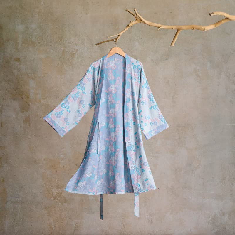 Charmant kimono en gaze de coton à motif floral - bleu clair - L - image 6