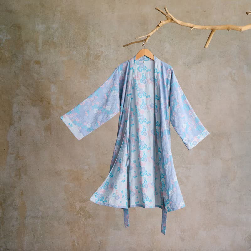 Charmant kimono en gaze de coton à motif floral - Bleu - L - image 0