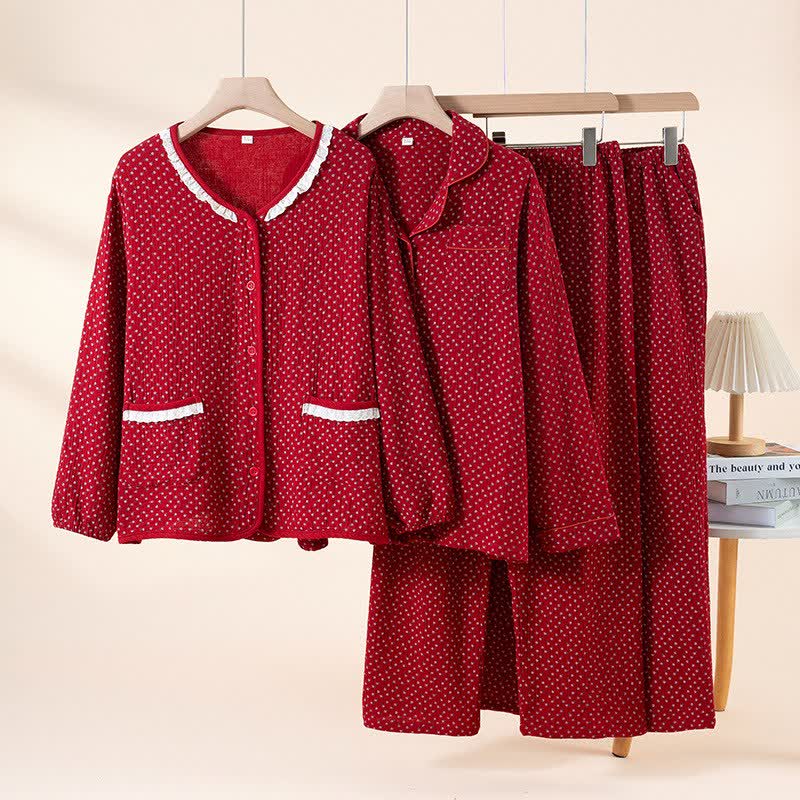 Ensemble pyjama rouge en pur coton à motif floral - image 0
