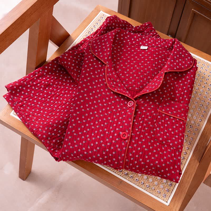 Ensemble pyjama rouge en pur coton à motif floral - image 14
