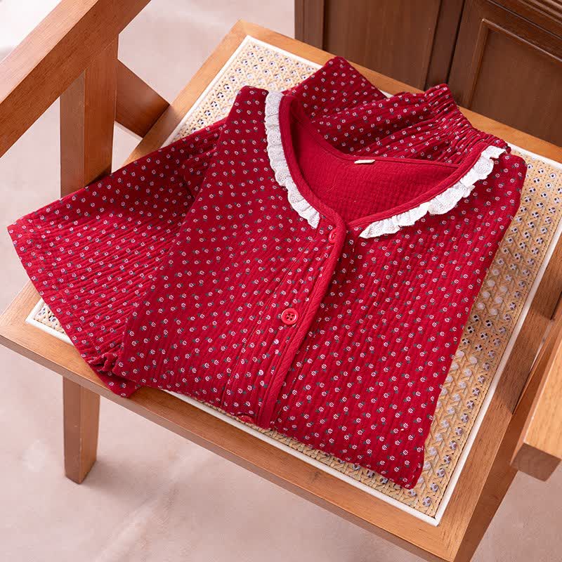 Ensemble pyjama rouge en pur coton à motif floral - image 3