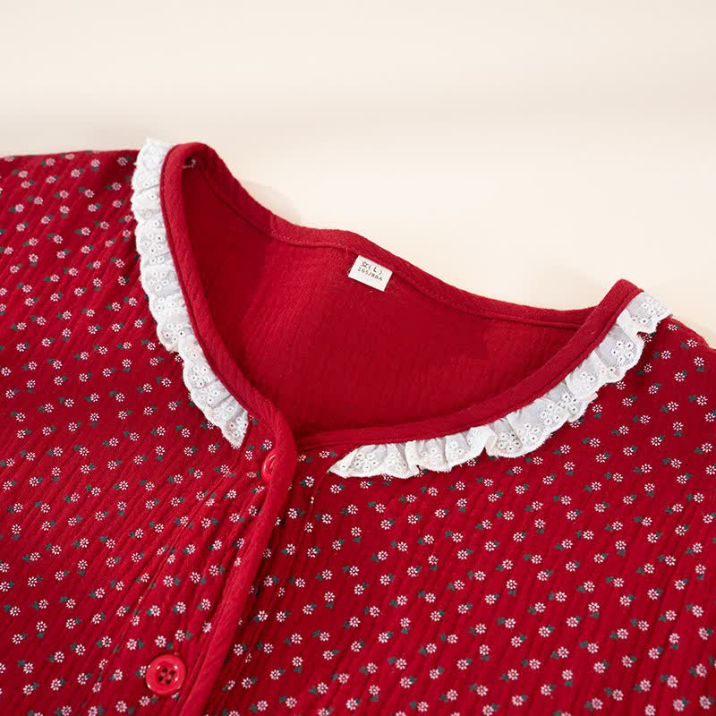 Ensemble pyjama rouge en pur coton à motif floral - image 4