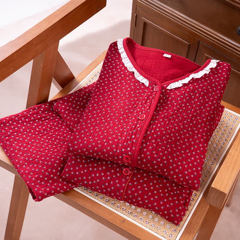 Ensemble pyjama rouge en pur coton à motif floral - image 1