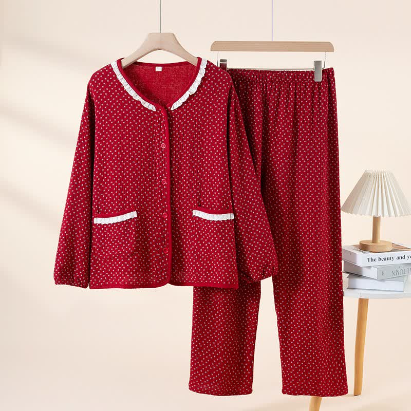 Ensemble pyjama rouge en pur coton à motif floral - Rouge - col en V - XXL - image 2
