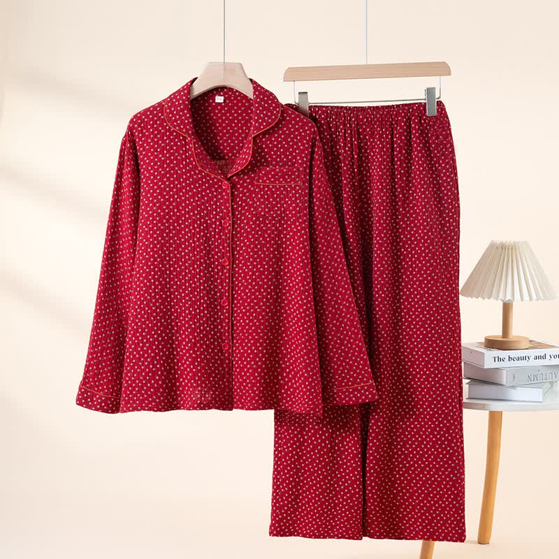 Ensemble pyjama rouge en pur coton à motif floral - Rouge - revers de col - XXL - image 13