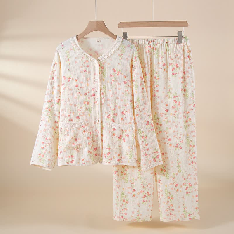 Ensemble de pyjama élégant en gaze de coton couleur bégonia - Blanc - XXL - image 0