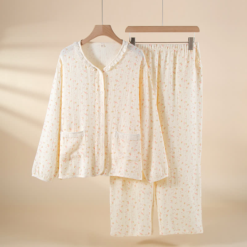 Ensemble pyjama en gaze de coton à motifs floraux et volants - Blanc - XXL - image 0