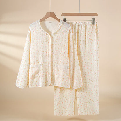 Ensemble pyjama en gaze de coton à motifs floraux et volants - Blanc - XXL - image 0
