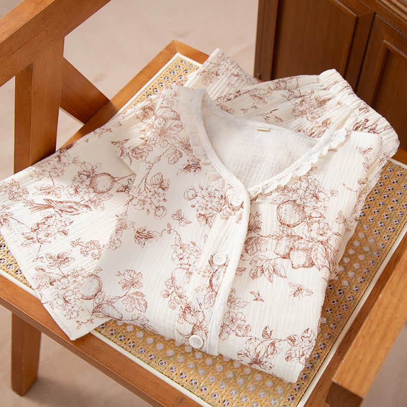 Ensemble pyjama rétro en gaze de coton à volants et à motifs floraux - image 1