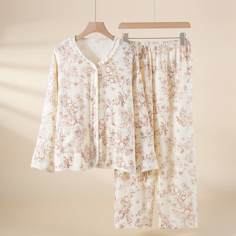 Ensemble pyjama rétro en gaze de coton à volants et à motifs floraux - Blanc - XXL - image 0