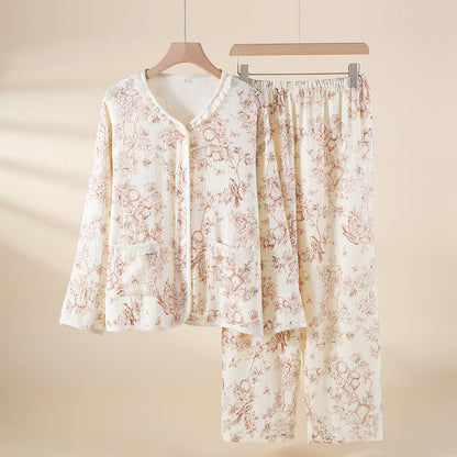 Ensemble pyjama rétro en gaze de coton à volants et à motifs floraux - Blanc - XXL - image 0