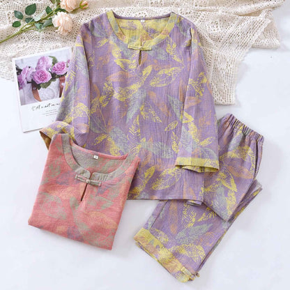 Ensemble pyjama de style oriental à motifs de feuilles, en pur coton - image 0