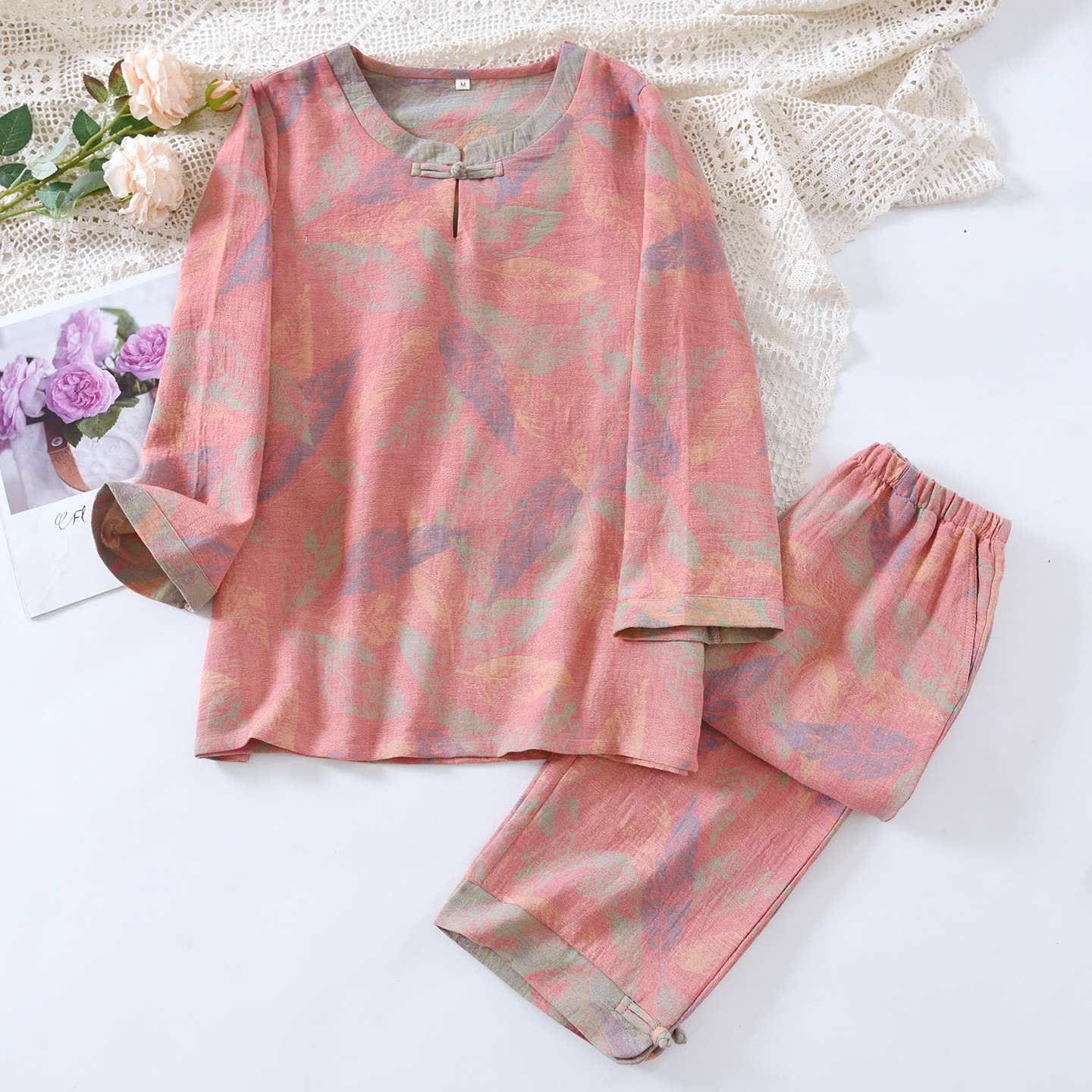 Ensemble pyjama de style oriental à motifs de feuilles, en pur coton - Rose - XL - image 9