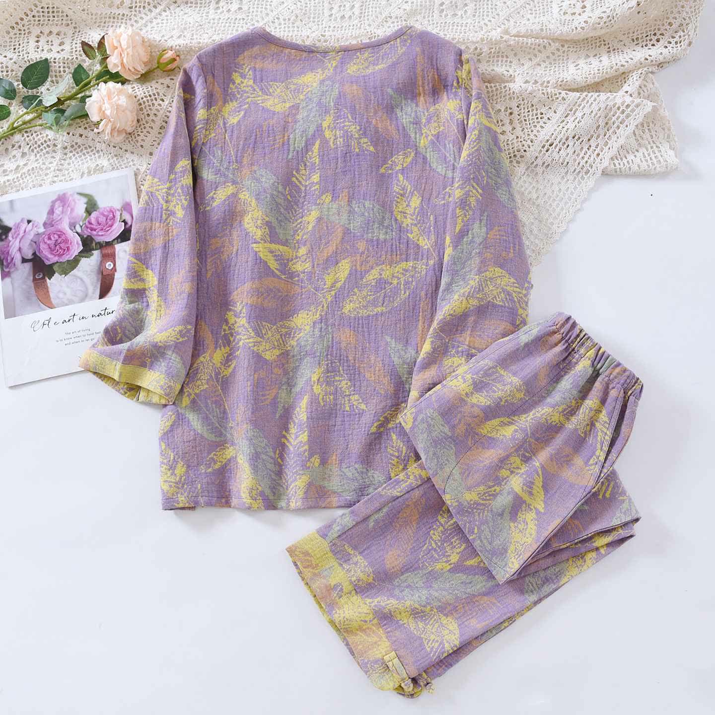 Ensemble pyjama de style oriental à motifs de feuilles, en pur coton - image 3