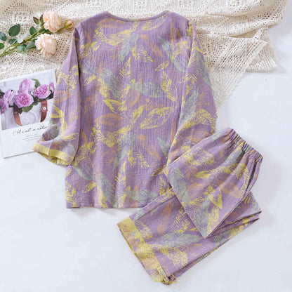 Ensemble pyjama de style oriental à motifs de feuilles, en pur coton - image 3