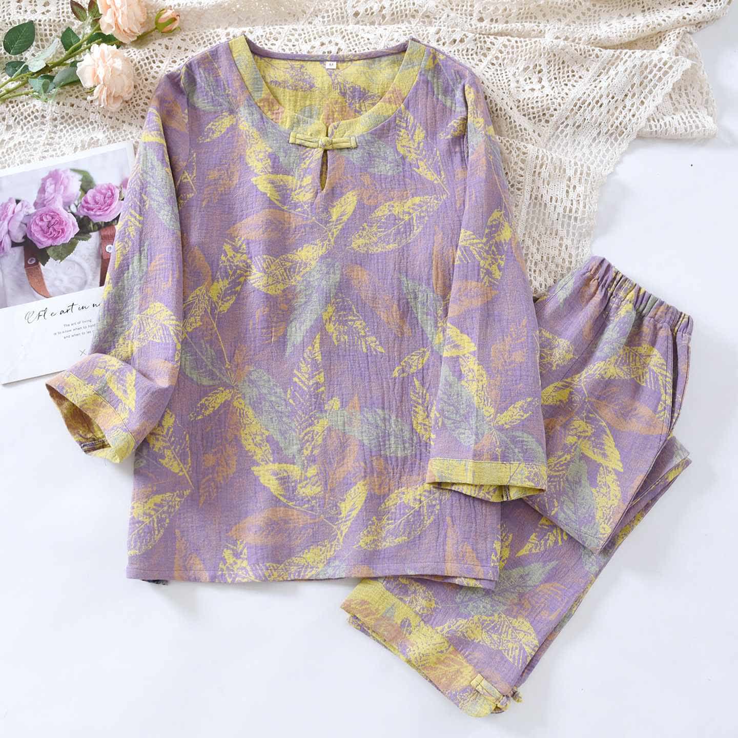 Ensemble pyjama de style oriental à motifs de feuilles, en pur coton - Violet - XL - image 2