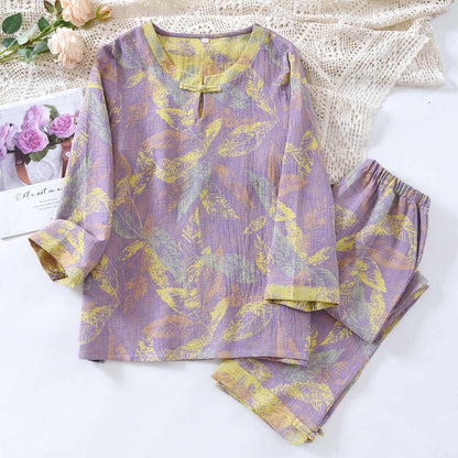 Ensemble pyjama de style oriental à motifs de feuilles, en pur coton - Violet - XL - image 2