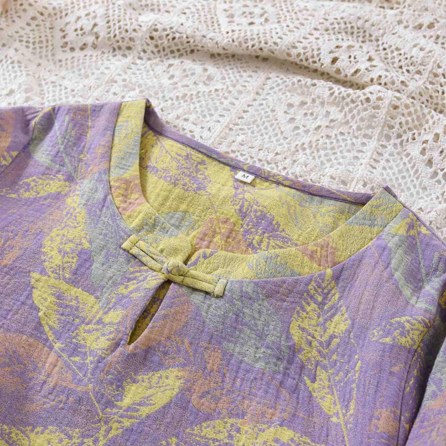 Ensemble pyjama de style oriental à motifs de feuilles, en pur coton - image 4