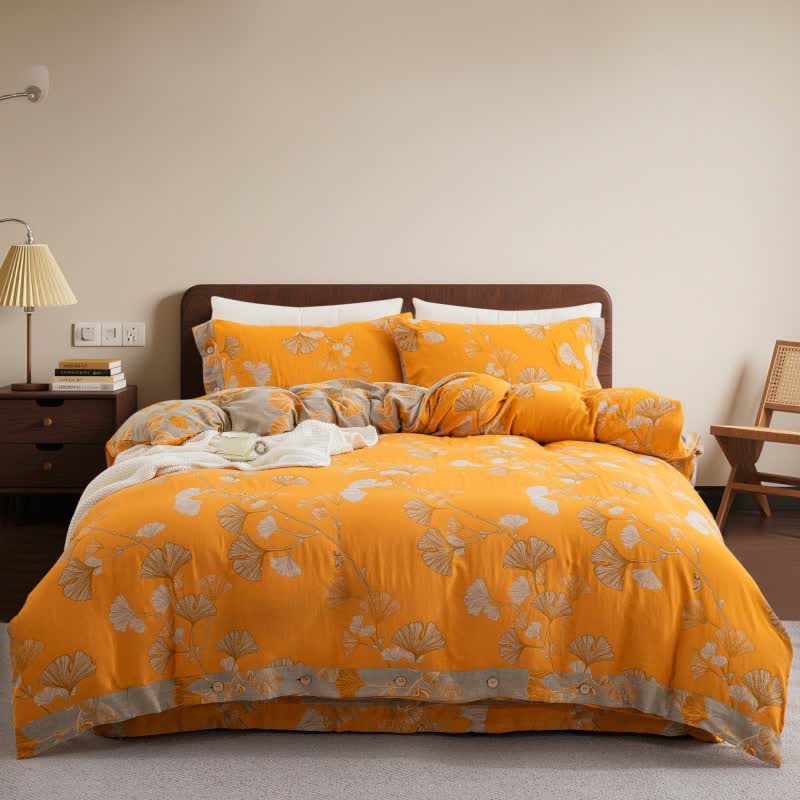 Ensemble de literie en gaze de coton avec boutons et feuilles de ginkgo (4 pièces) - Orange et gris - 220 cm x 240 cm - image 30