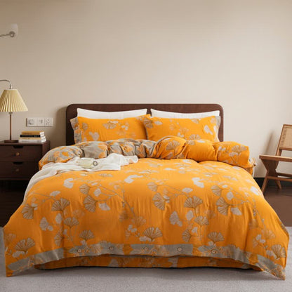 Ensemble de literie en gaze de coton avec boutons et feuilles de ginkgo (4 pièces) - Orange et gris - 220 cm x 240 cm - image 30