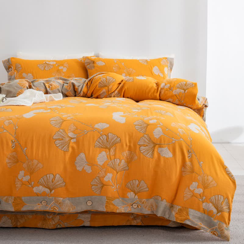 Ensemble de literie en gaze de coton avec boutons et feuilles de ginkgo (4 pièces) - image 31