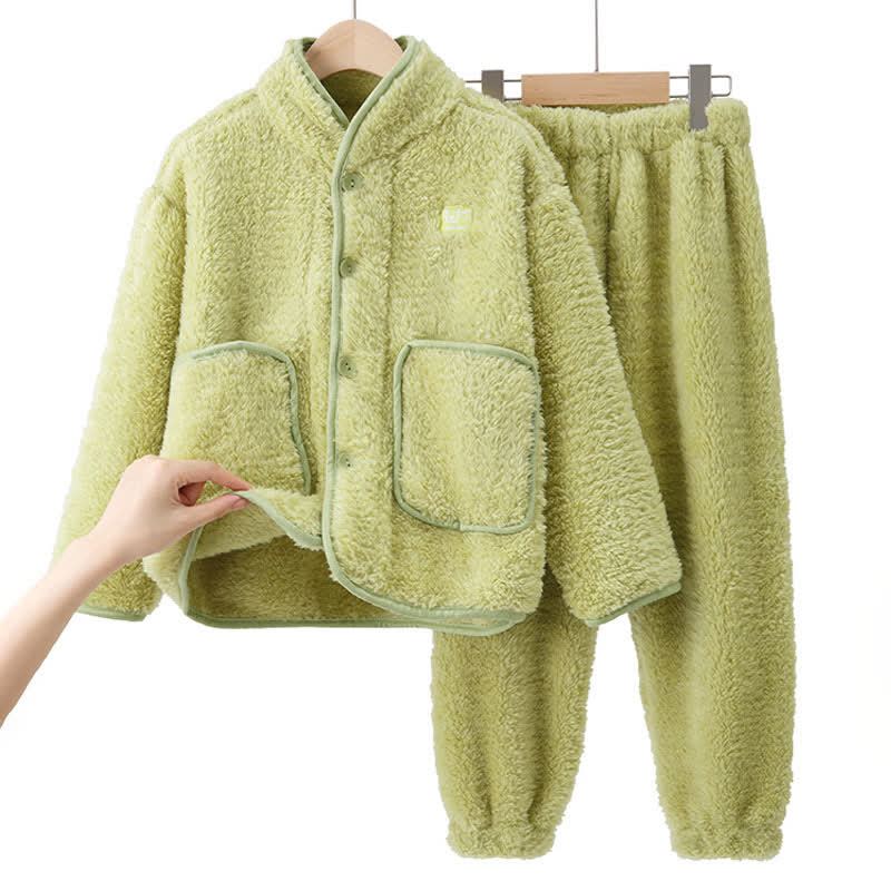 Ensemble de vêtements d'intérieur en peluche pour enfants avec boutons de couleur unie - Vert - Enfant : 170 cm - image 13