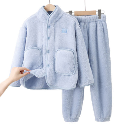 Ensemble de vêtements d'intérieur en peluche pour enfants avec boutons de couleur unie - Bleu - Enfant : 170 cm - image 0