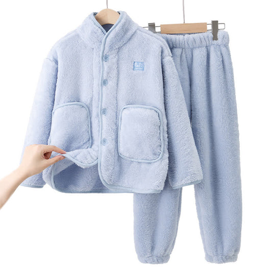 Ensemble de vêtements d'intérieur en peluche pour enfants avec boutons de couleur unie - Bleu - Enfant : 170 cm - image 0