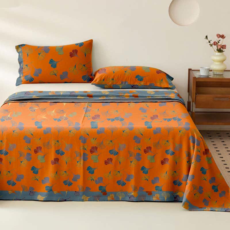 Couvre-lit en gaze de coton jacquard « Ginkgo Biloba » - Orange - 2 taies d'oreiller - 102 cm x 51 cm - image 4
