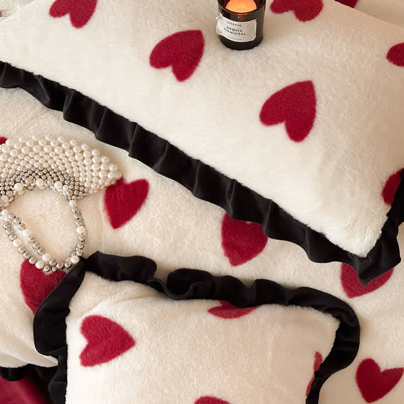 Ensemble de literie en peluche avec motif cœur et volants romantiques (4 pièces) - image 3