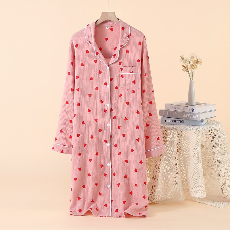Chemise de nuit à bouton en forme de cœur, en gaze de pur coton - Rose - XL - image 0