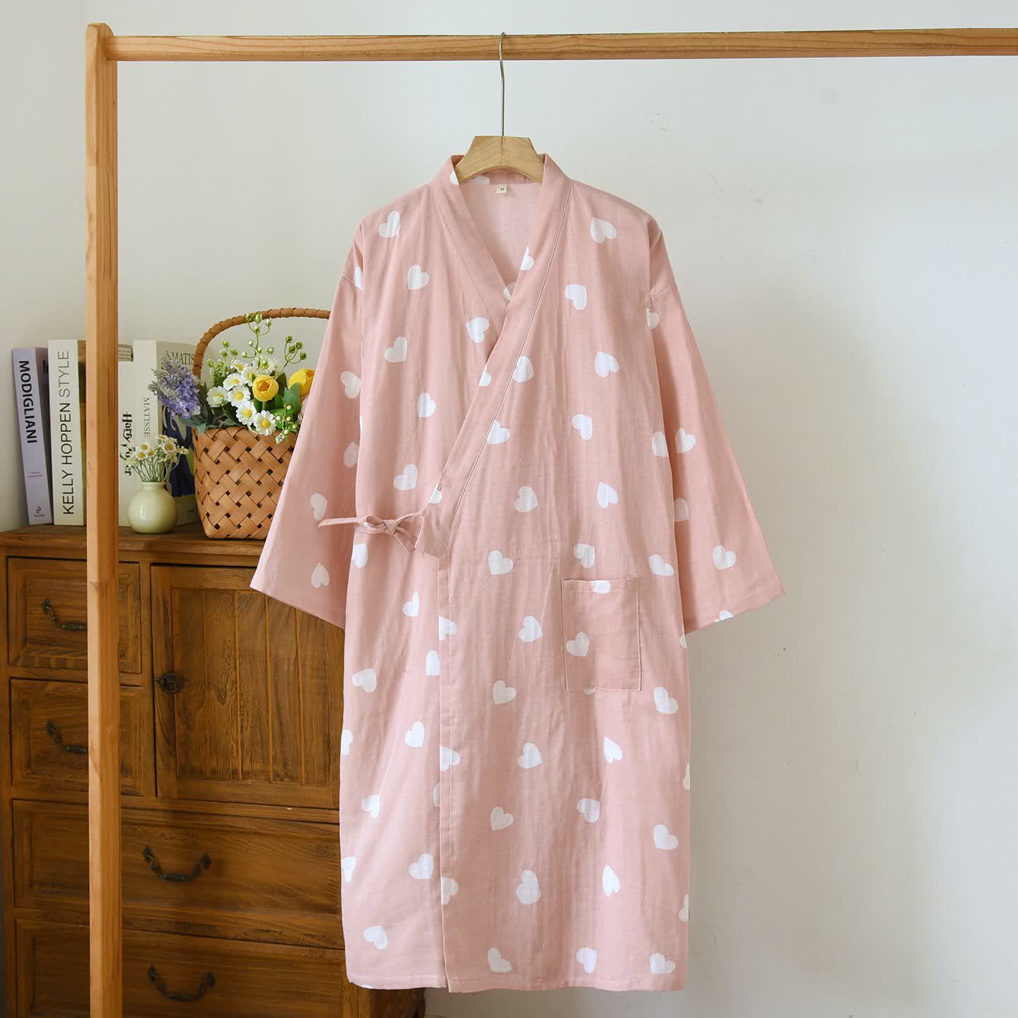 Peignoir de style kimono en gaze de coton à motif de cœur - Rose - L - image 2