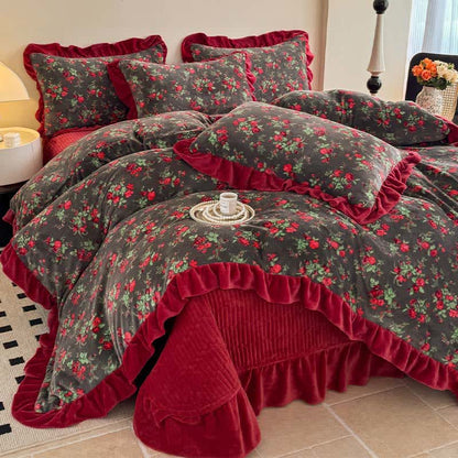 Linge de lit vintage en velours à motifs de roses et à volants - image 2