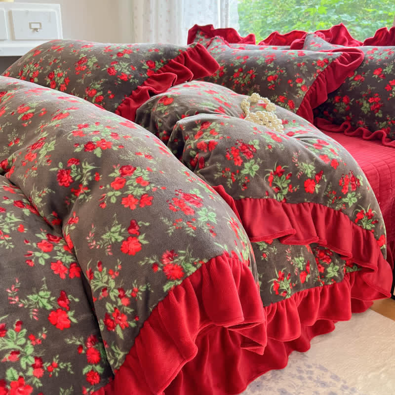 Linge de lit vintage en velours à motifs de roses et à volants - Ensemble de literie (4 pièces) - 240 cm x 270 cm - image 0