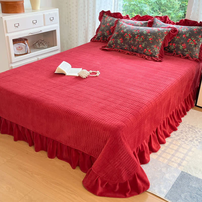 Linge de lit vintage en velours à motifs de roses et à volants - Jupe de lit avec 2 taies d'oreiller - 240 cm x 270 cm - image 5