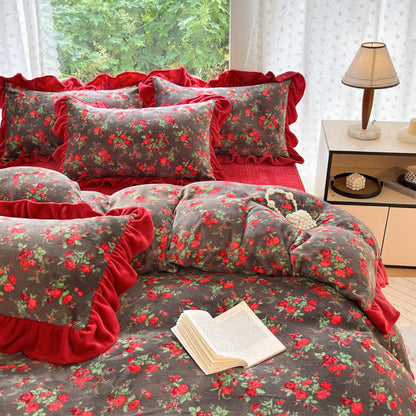 Linge de lit vintage en velours à motifs de roses et à volants - image 3